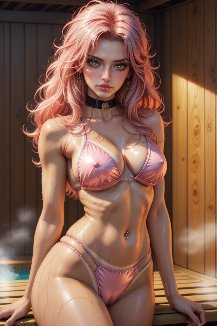Wet Sauna, Pink Bikini, Beautiful Face AI Porn
