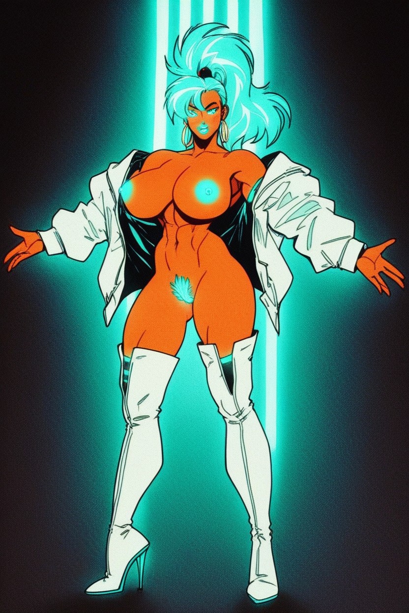 Glowing Neon Aqua Labia, Wind Blown Hair, Breasts Hanging Out Of Top Of Dress AI Porn
