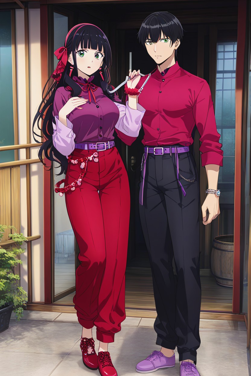 Turned Up Collar, Crimson Buckle, Magenta Pantsuit AI Porn