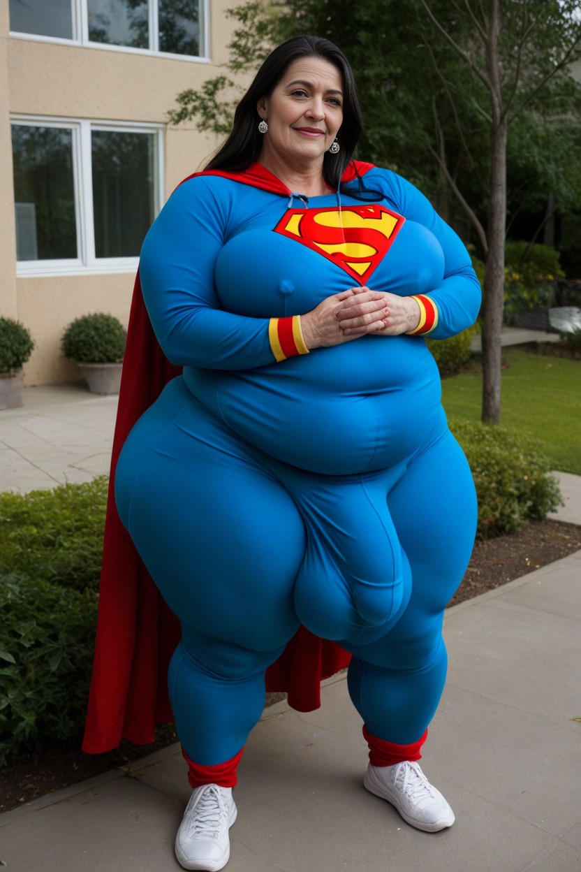 Wearing Superman Costume, Long Red Hero Cape, Gigantic Saggy Breast AI Porn