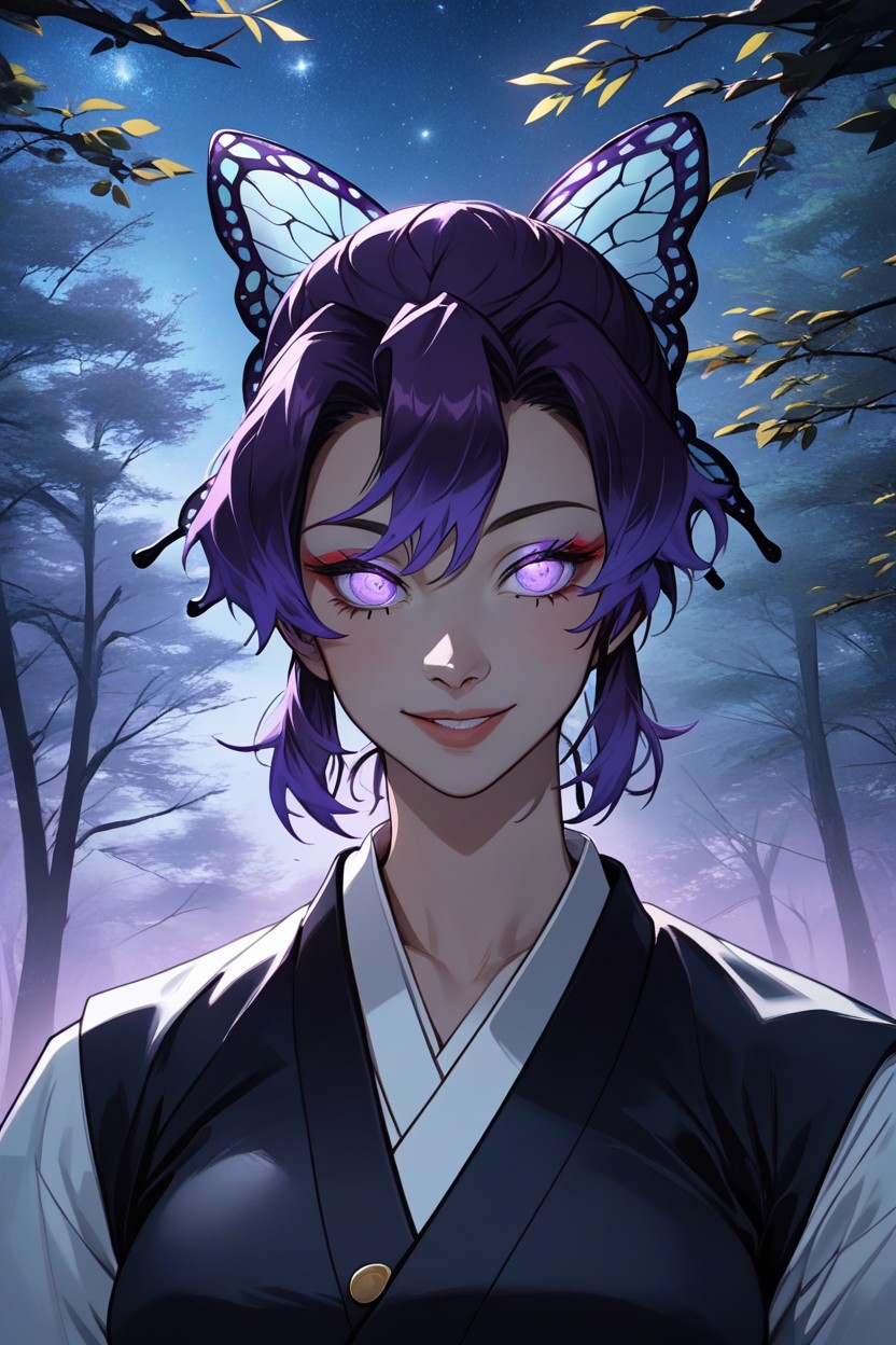 Happy Smile, Holding Katana, Butterfly Hair Clip Hentai IA