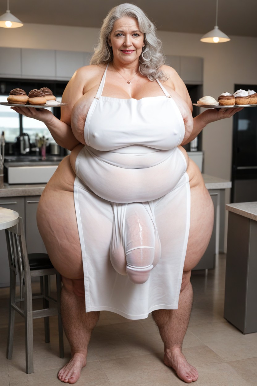 Long Curly White Hair, Full Cock Outline, Extreme Weight Gain AI Porn