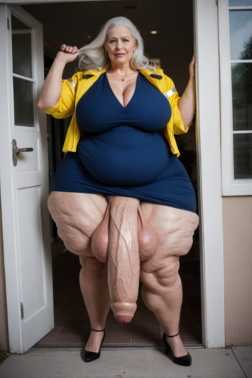 Long Length, Front Yard Standing Outside Of Front Door Background, Cellulite Legs AI Porn