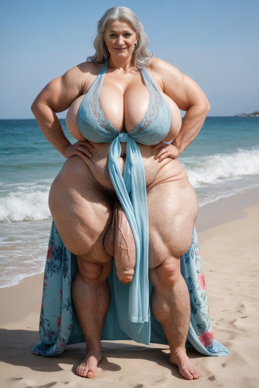 Floral Print Robe, Extremely Wide Hips, Hyper Hairy Chest Hair Extremely Massive Long Bulge Through Clothing AI Porn