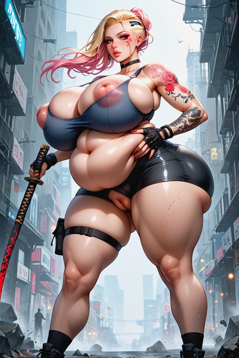 Hourglass Figure, Heavily Torn Clothes Ill, Holding Stomach AI Porn