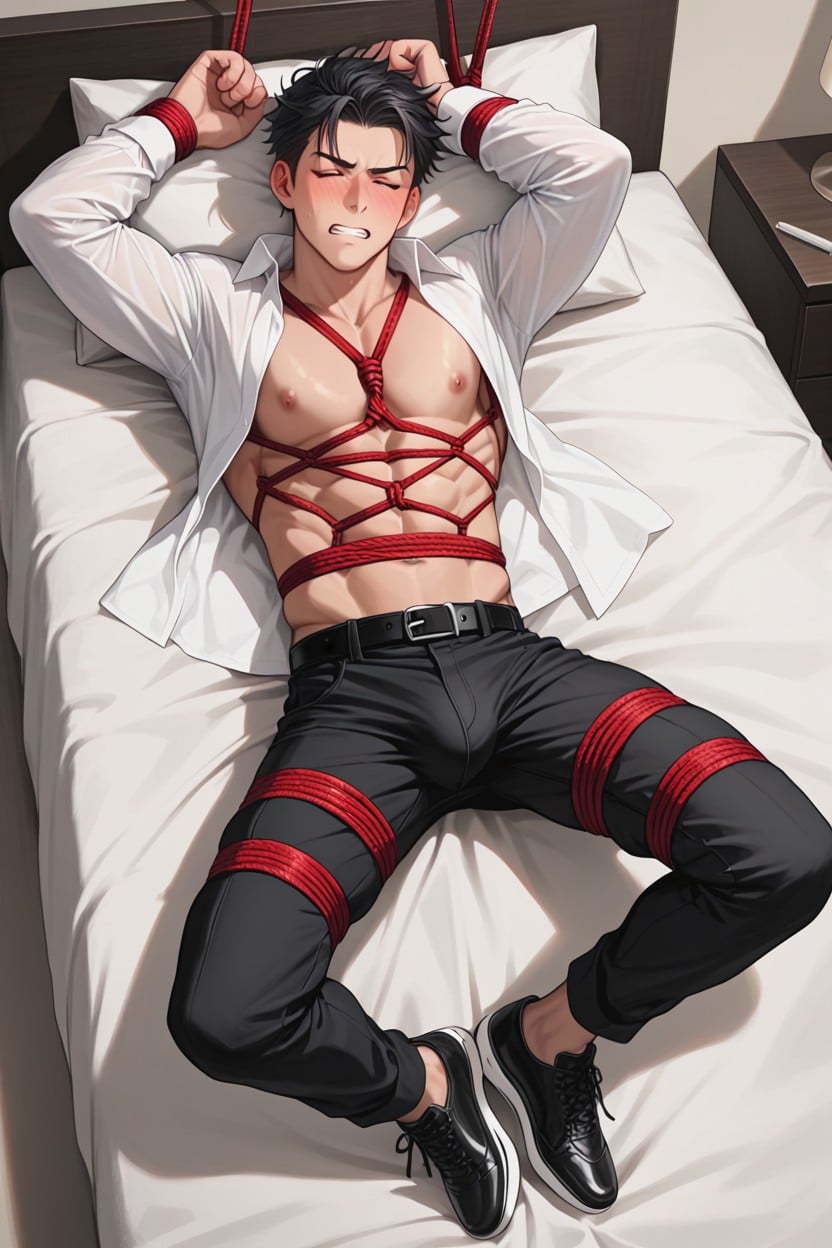 Tied To Bed, Anime-like Hair Style, Hands Tied Up AI Gay Porn