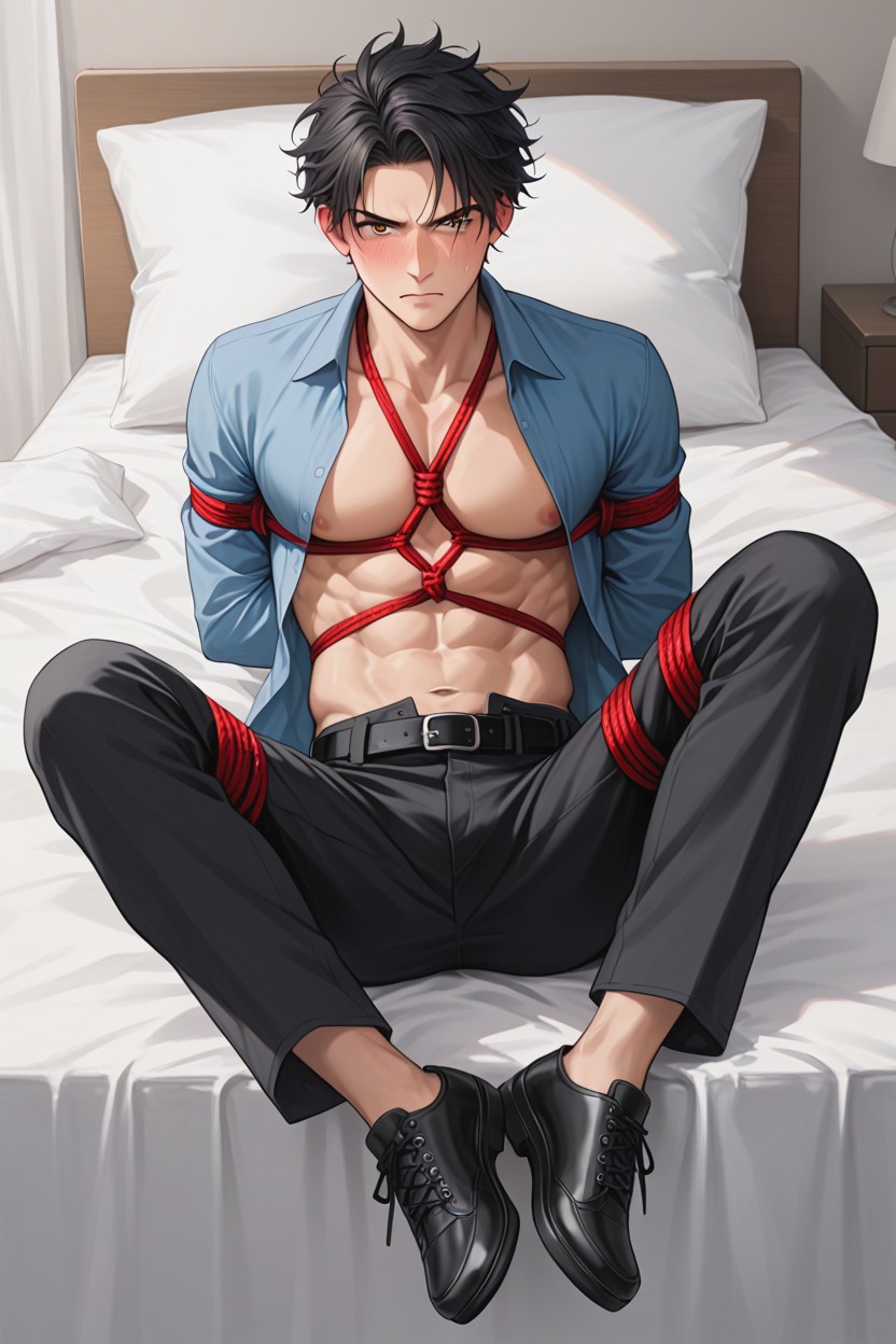 Open Shirt, Long Sleeve Shirt Open To Reveal Body, Arms Behind Back AI Gay Porn