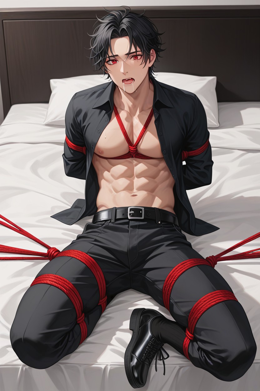 Work Pants With Belt, Black Hair, Long Bangs Hanging Down To The Forehead AI Gay Porn