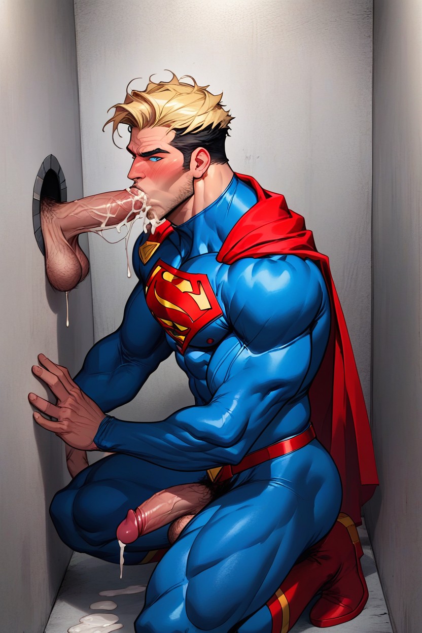Cocks Poking Out Of The Holes On The Wall, Blue Hero Suit, Superman Is A Cocksucker AI Gay Porn