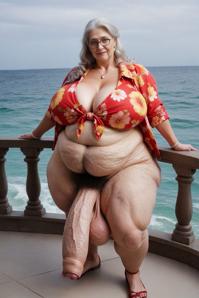 Red Color Hawaiian Shirt, Cellulite Legs, White Hair AI Porn