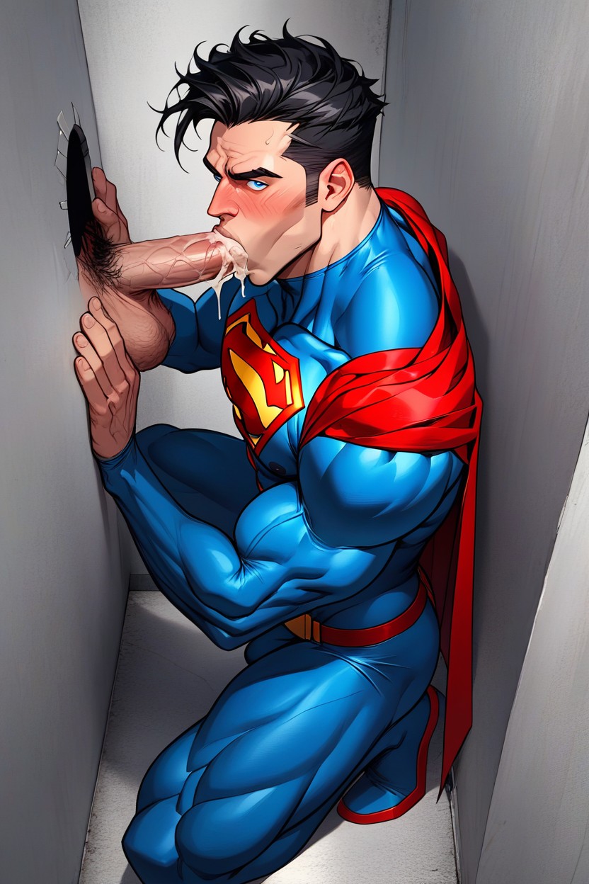 Dégoûté, Muscular Superman Kneeling And Sucking Dry Cock, Gloryholes Porno gay IA