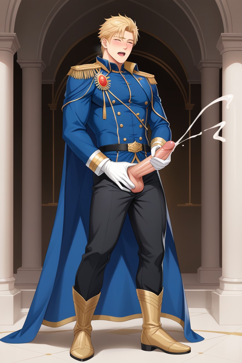 Masturbation, Showing Penis Through Fly, Fancy Gold Royal Shoulder Tassels AI Gay Porn