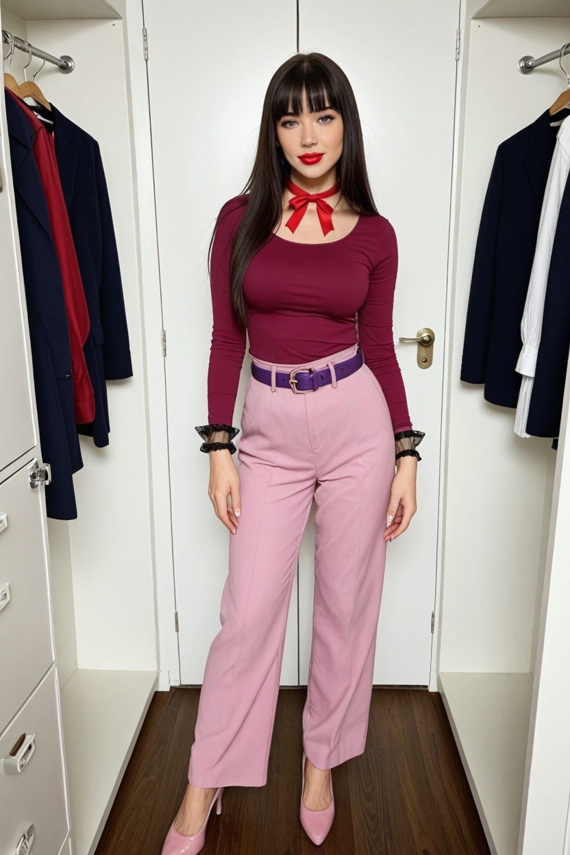 Red Ribbon On Shues, Long Hair, Magenta Shirt AI Porn