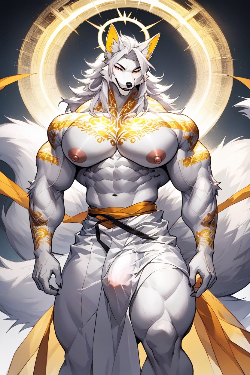Big Nipples, Extremely Long And Extremely Fluffy Tails, Whitish Silver Fur Furry AI Porn