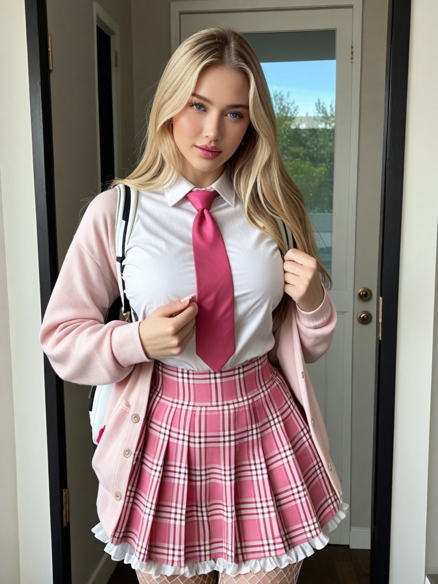 Small Ass, Pink Cardigan Over Shirt, Blushing AI Porn
