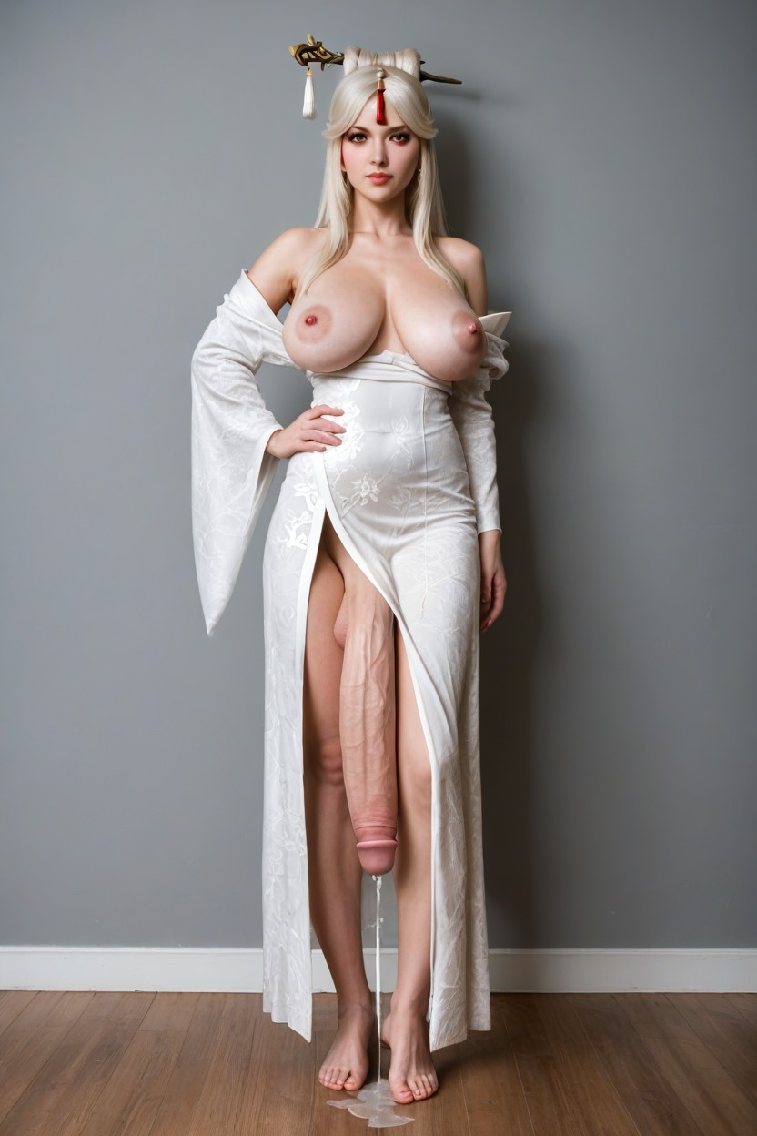 Piss Dripping Across Floor, High Necked Sleeveless Qipao Dress With Side Slits That Reach Up To The Thigh, Standing Shemale AI Porn