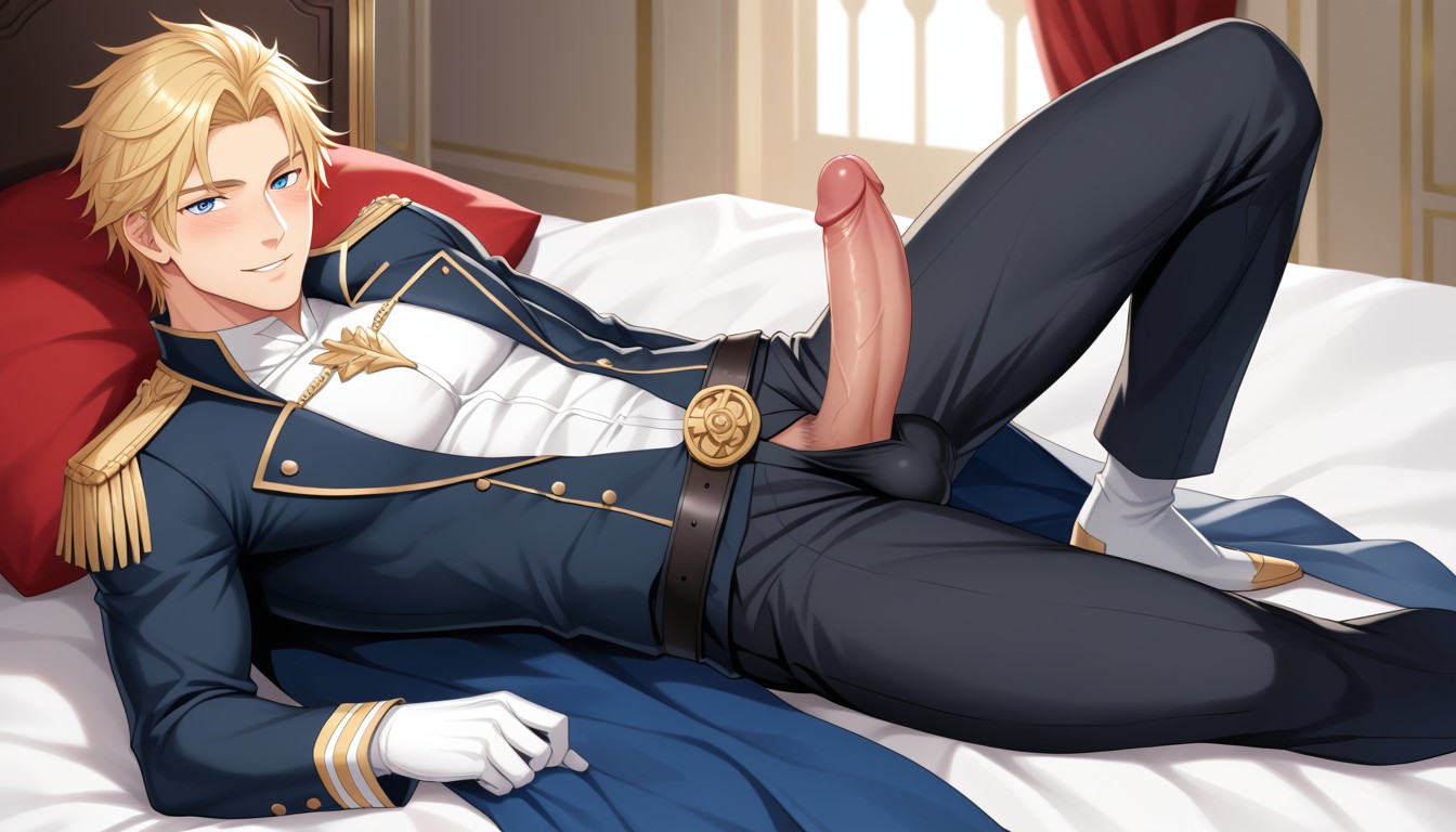 1 Person, Laying In Bed, Fancy Dark Black Royal Pants AI Gay Porn