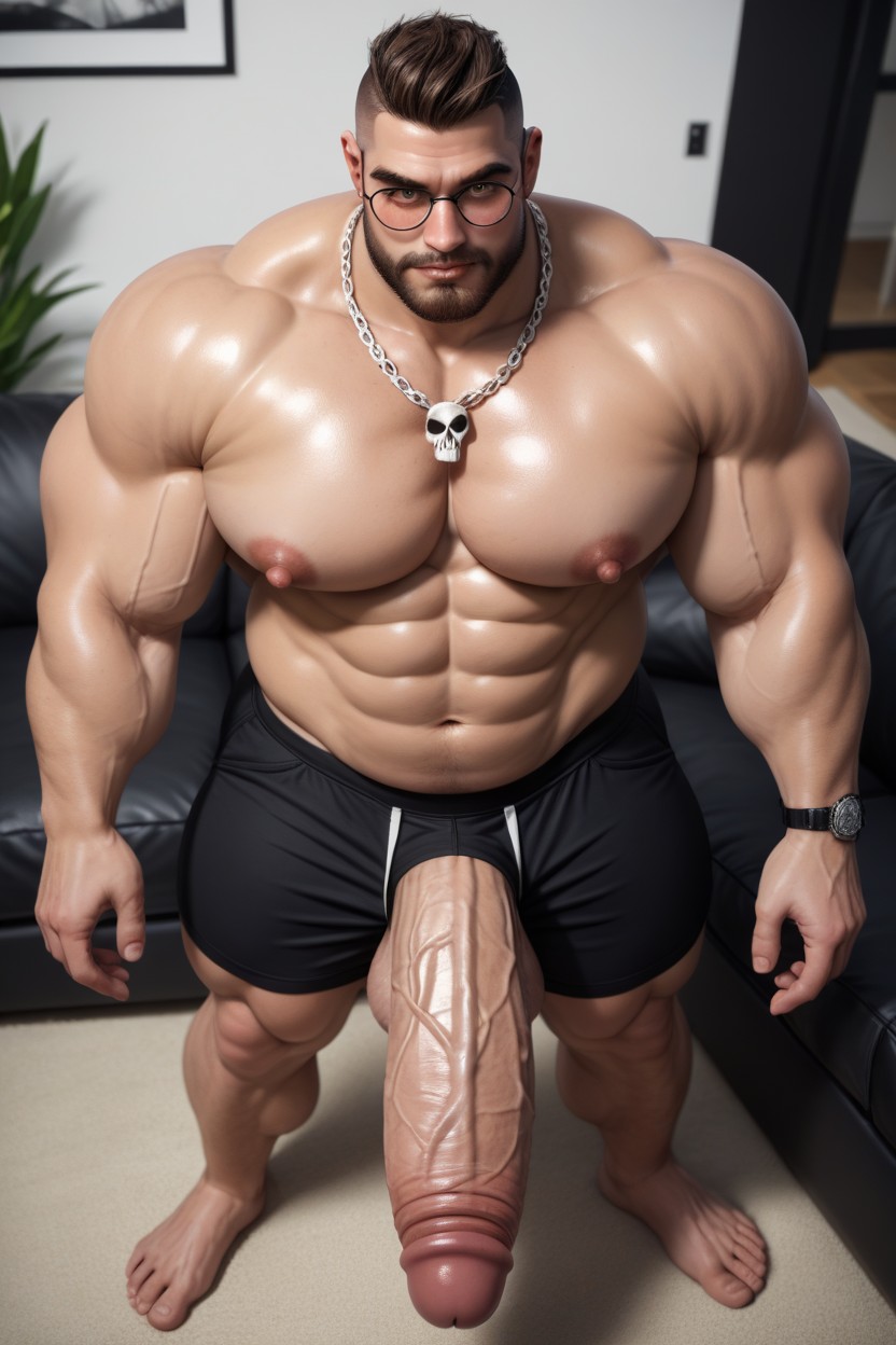 Sitting Down On A Black Couch, Dark Brown Hair, Long Fat Meat Cock AI Gay Porn