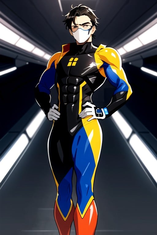 Vibrant Blue Color That Covers His Entire Torso, Giving Him A, Color-contrasting Costume He Wears A Skin-tight Bodysuit As The Base Layer AI Gay Porn