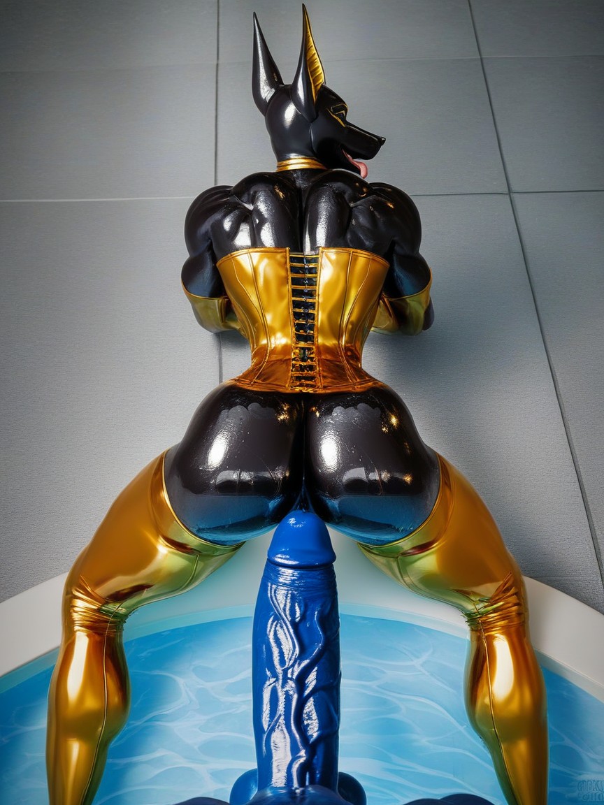 Showing Butthole, Shiny Gold Goo, High Heels Furry AI Porn