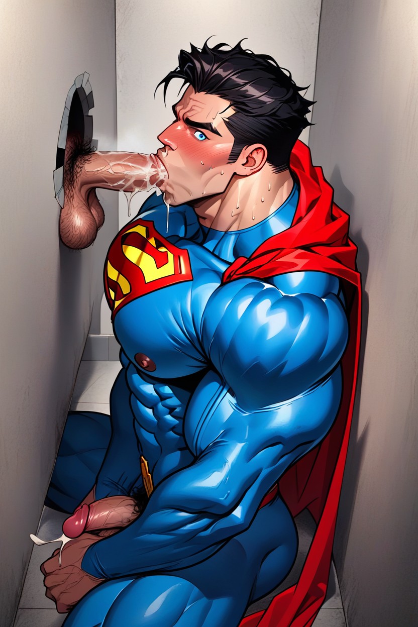 Sweaty, Side View, Blue Hero Suit AI Gay Porn