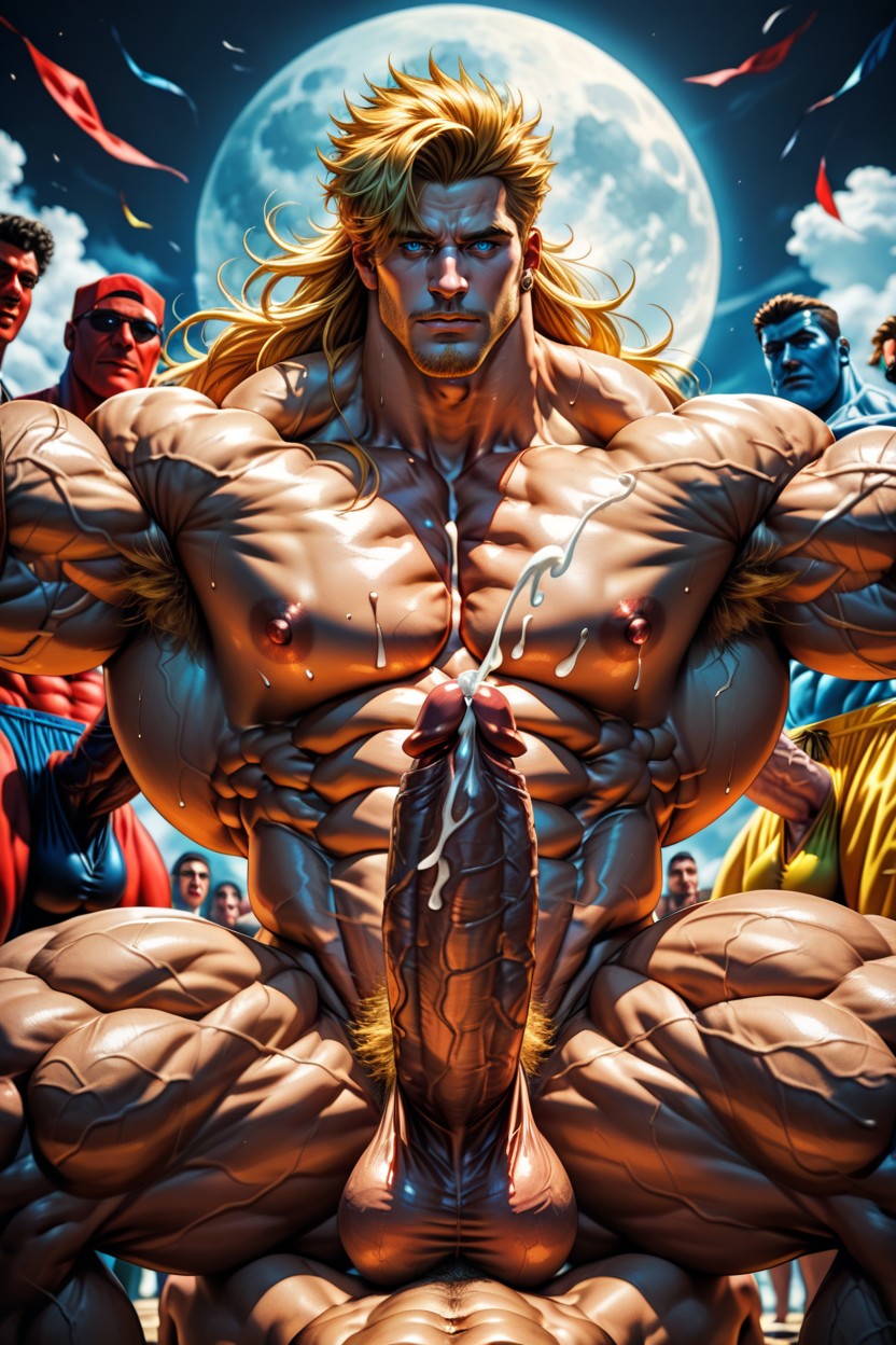 Heavy Balls, Blonde Hair, Gigantic Sized Muscles AI Gay Porn