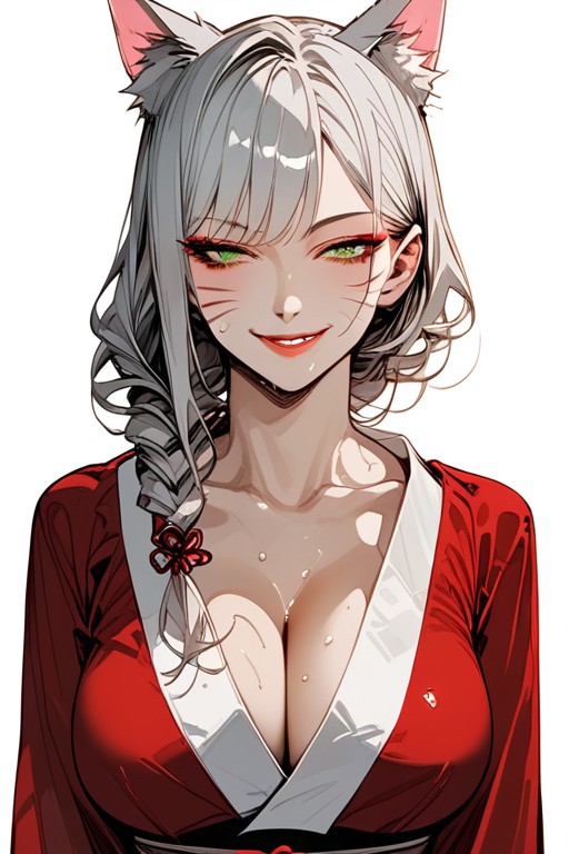 Red Lipstick, Long Length, Curly Silver Hair Hentai AI Porn