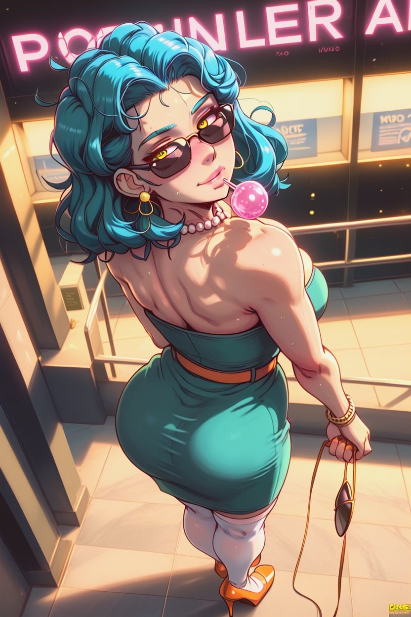 Orange Dress Belt, Viever Hand Pulls Out Anal Plug, People Around AI Porn
