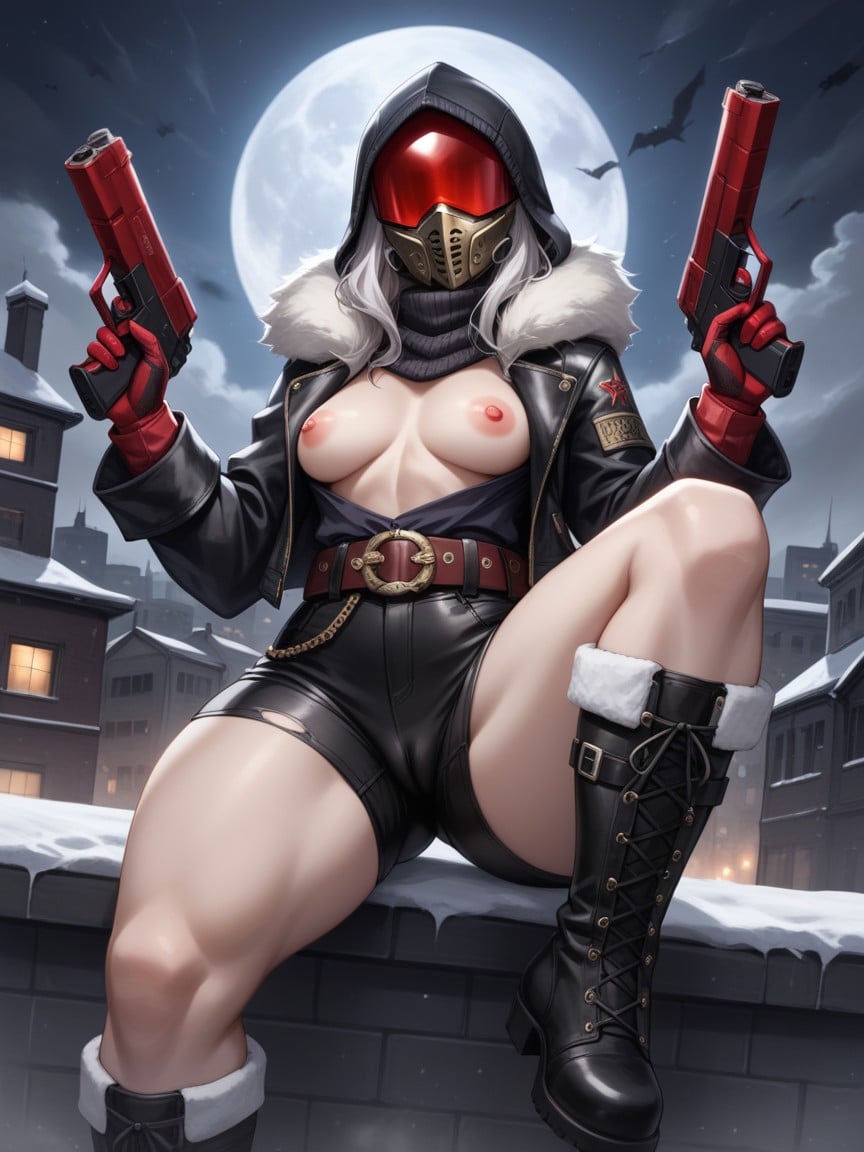 Rooftop At Night, Exposed Breasts, Guns Strapped To Legs Hentai AI Porn