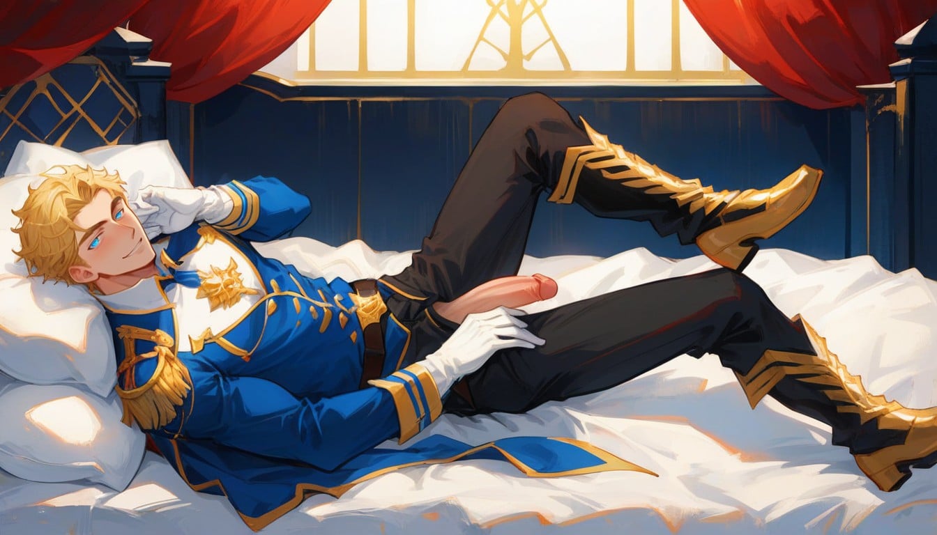 Laying In Bed Sexy Pose, Full Body View, Royal Bed Background AI Gay Porn