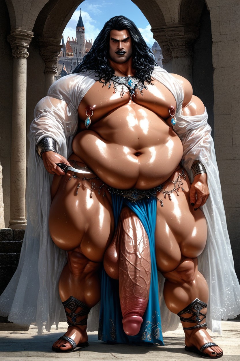 Muscular Pecs, Gigantic Scrotum, Holding Dagger AI Gay Porn