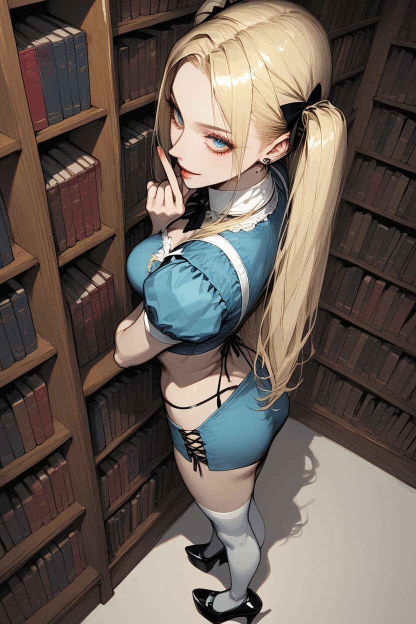 Library, Blue And White Thigh High Socks, Laughing Hentai AI Porn