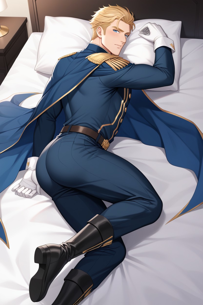 Full Body View, Sexy Pose While Laying In Bed, Pumped Up Ass AI Gay Porn