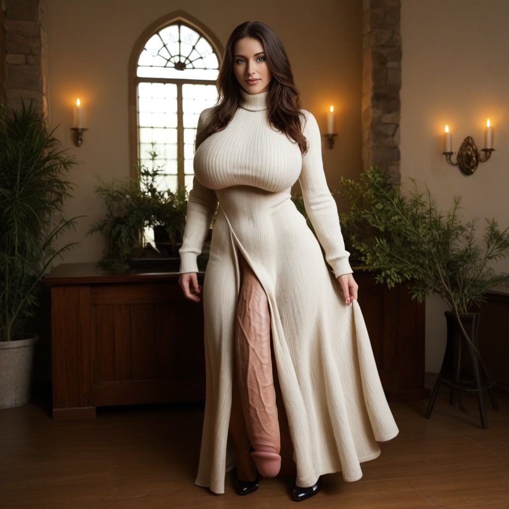 Flaccid Penis Bulge, Full Body View, Wool Sweater Wool Sweater With Cable Patterns Dress Shemale AI Porn