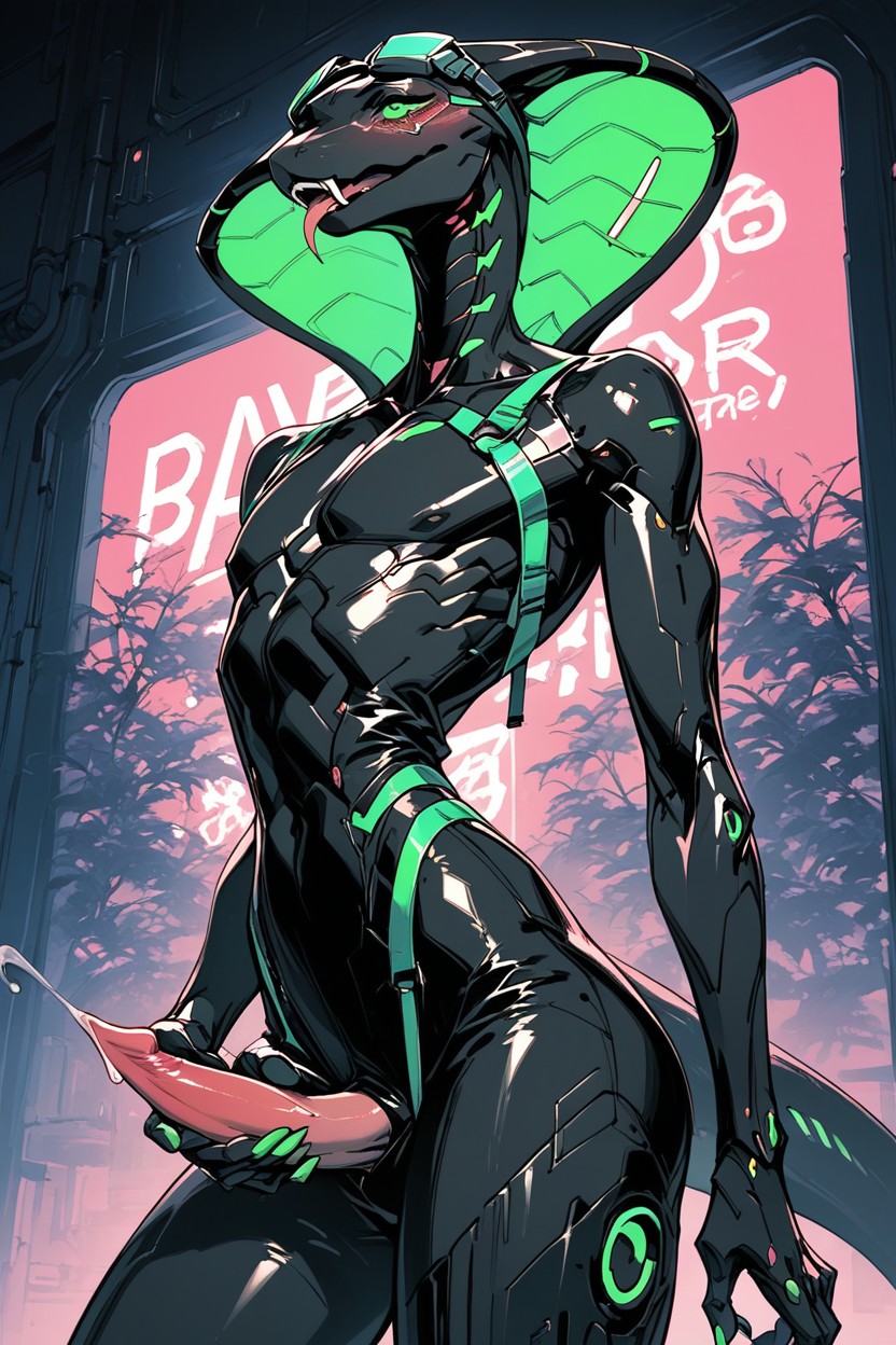 Neon Green Eyes, Goggles On Head, Black Body Furry AI Porn