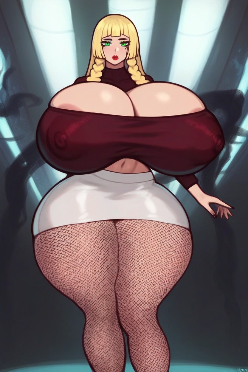 Pale Peach Toned Flawless Skin, Neon Lit Glass Floor And Curved Velvet Couch, Tight White Skirt AI Porn