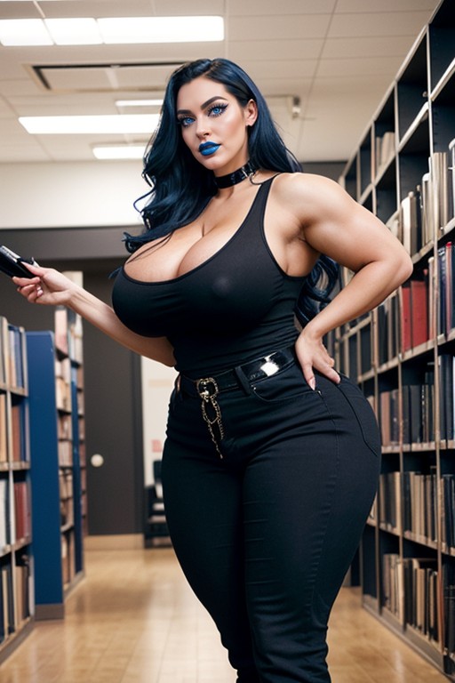 Library, Extremely Wasp Waist, Extremely Large Thighs AI Porn