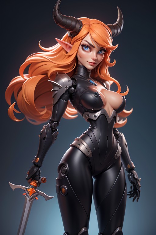 Dark Two-handed Sword In Hands, Very Long Hair, Robotic Face Hentai AI Porn