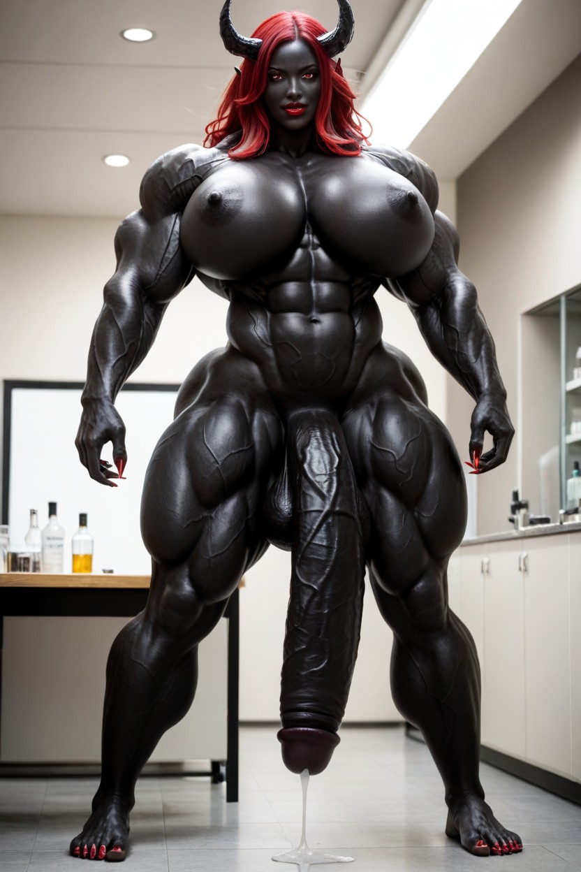 Exaggerated Massive Black Cock, Head Touching The Ceiling, Gigantic Shoulders Shemale AI Porn