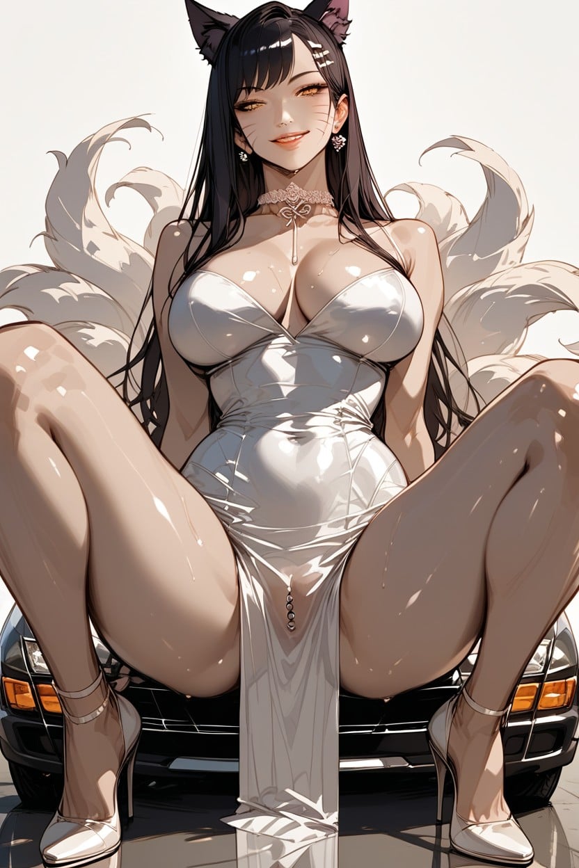 Woman Bending Over Car, Spreading Legs, Gold Eye Hentai AI Porn