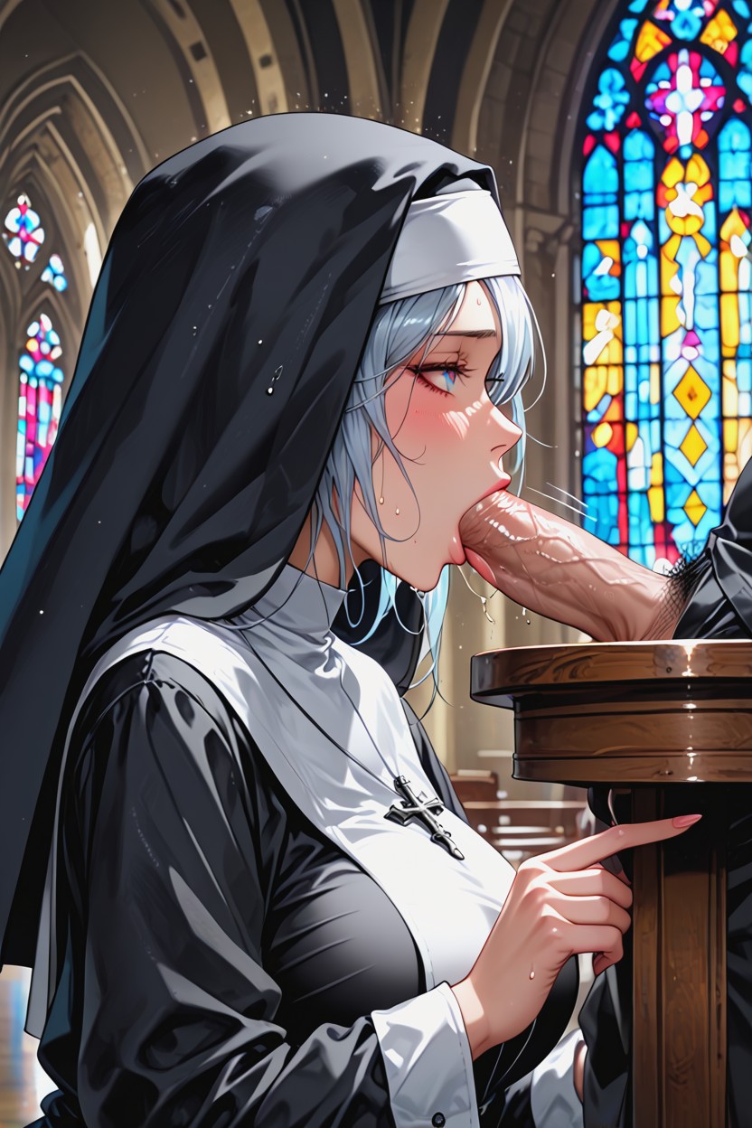 Nun Giving Blowjob Under The Table, Large Ass, Sweatystyle Hentai IA