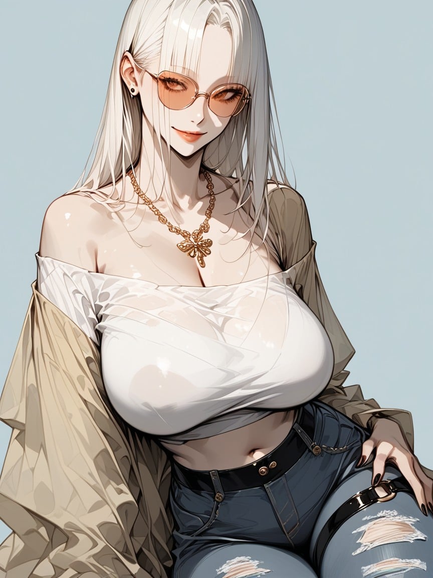Brown Eyes, Straight Blunt Long Bangs, Simple Long Necklace Hentai IA