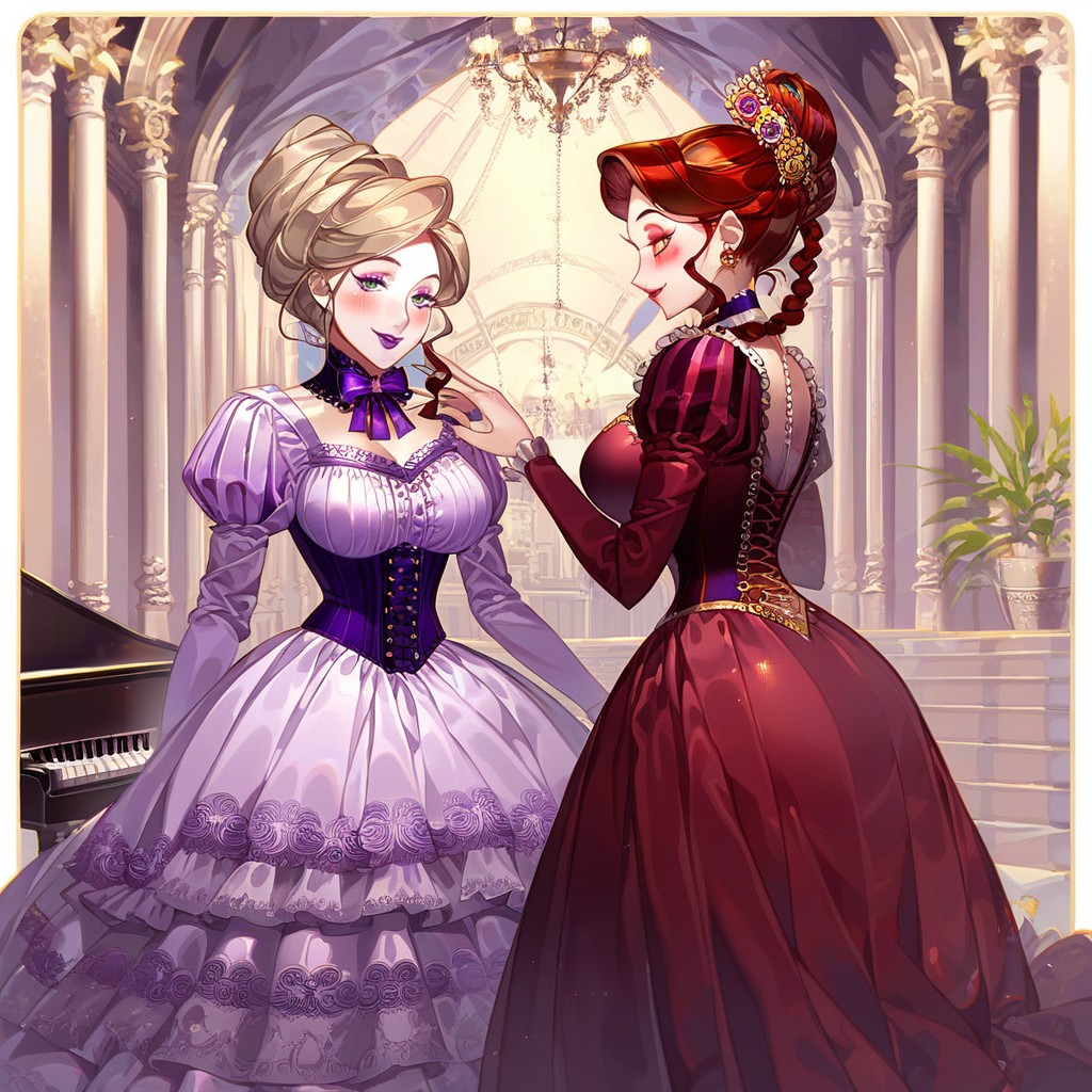Wasp Waist, Crimson Dress With Gold Ornaments, Violet Dress With Carmin Ornaments Hentai IA