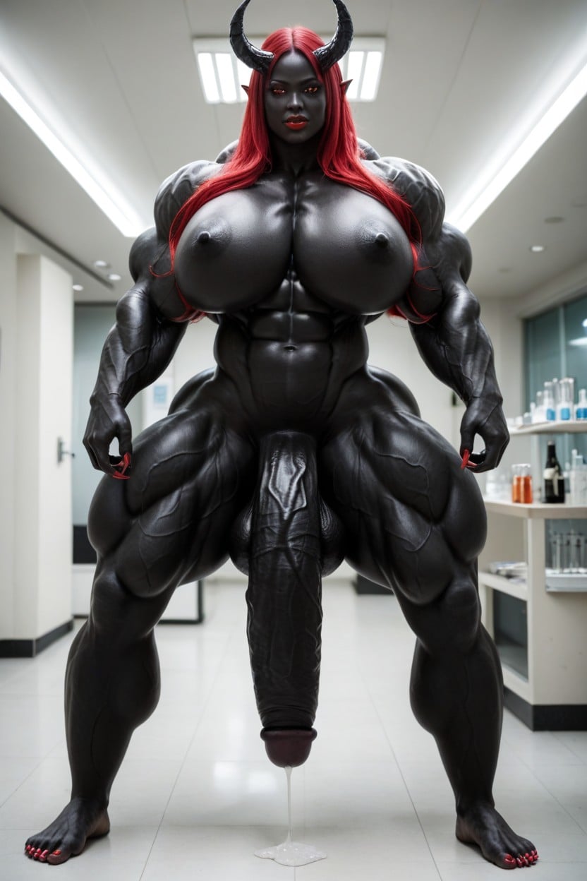 Full Body, Big Oni Horns, Exaggerated Massive Black Cock Shemale AI Porn