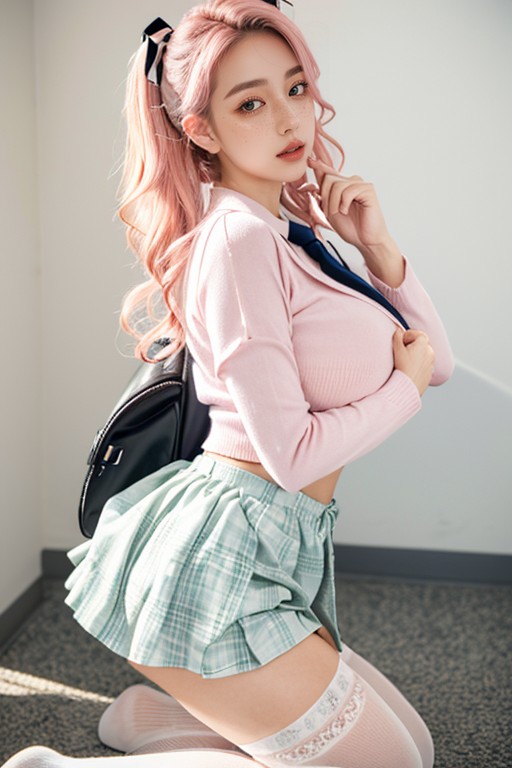 Pink Cardigan Over Shirt, Pink Tie, Surprised AI Porn