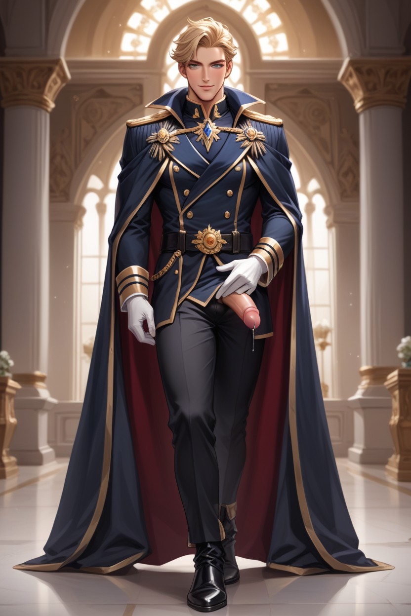 Fancy Dark Black Long Royal Boots, Standing Elegantly, Royal Cape AI Gay Porn
