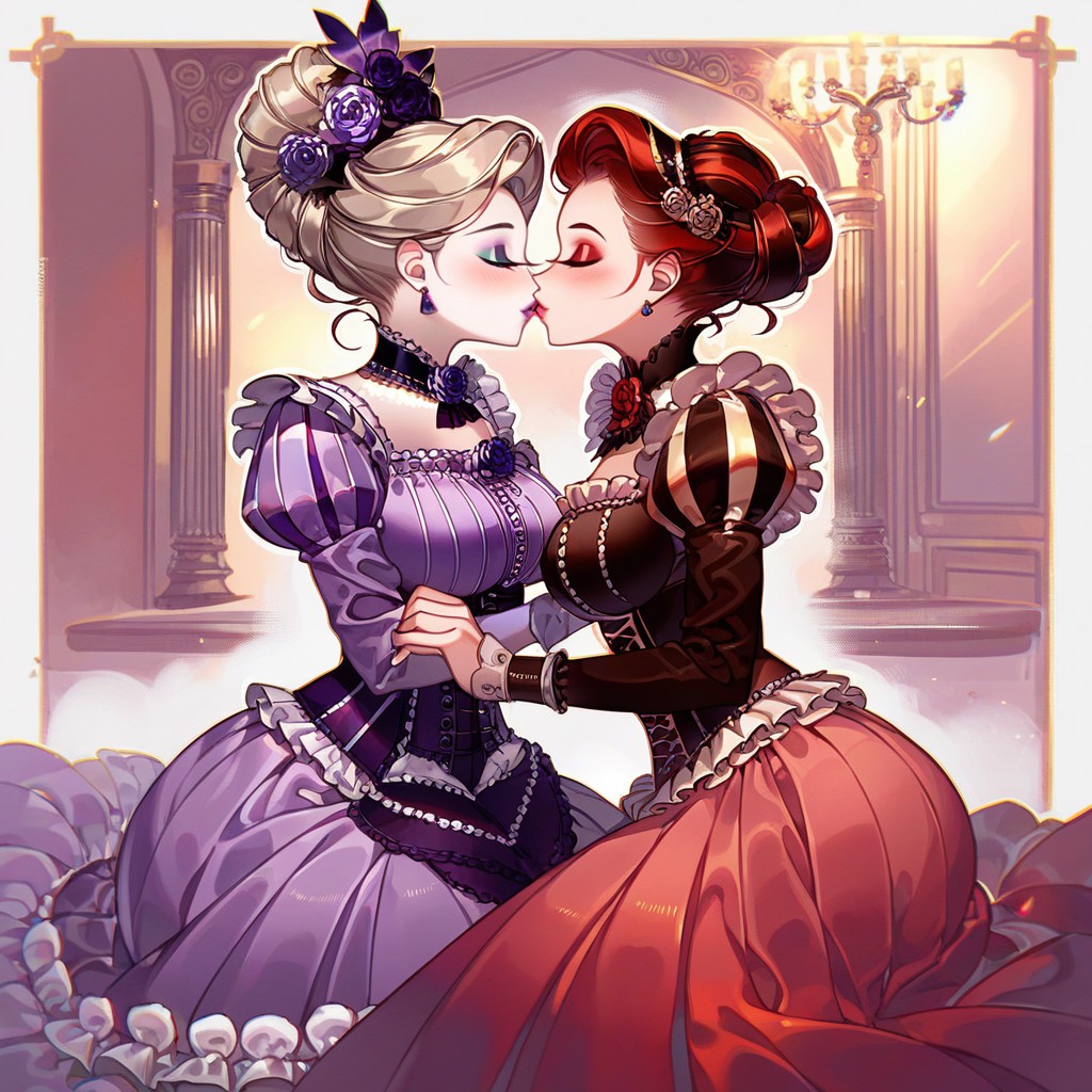 Beautiful Face, Two Mature Women, Burgundy Hair Hentai IA