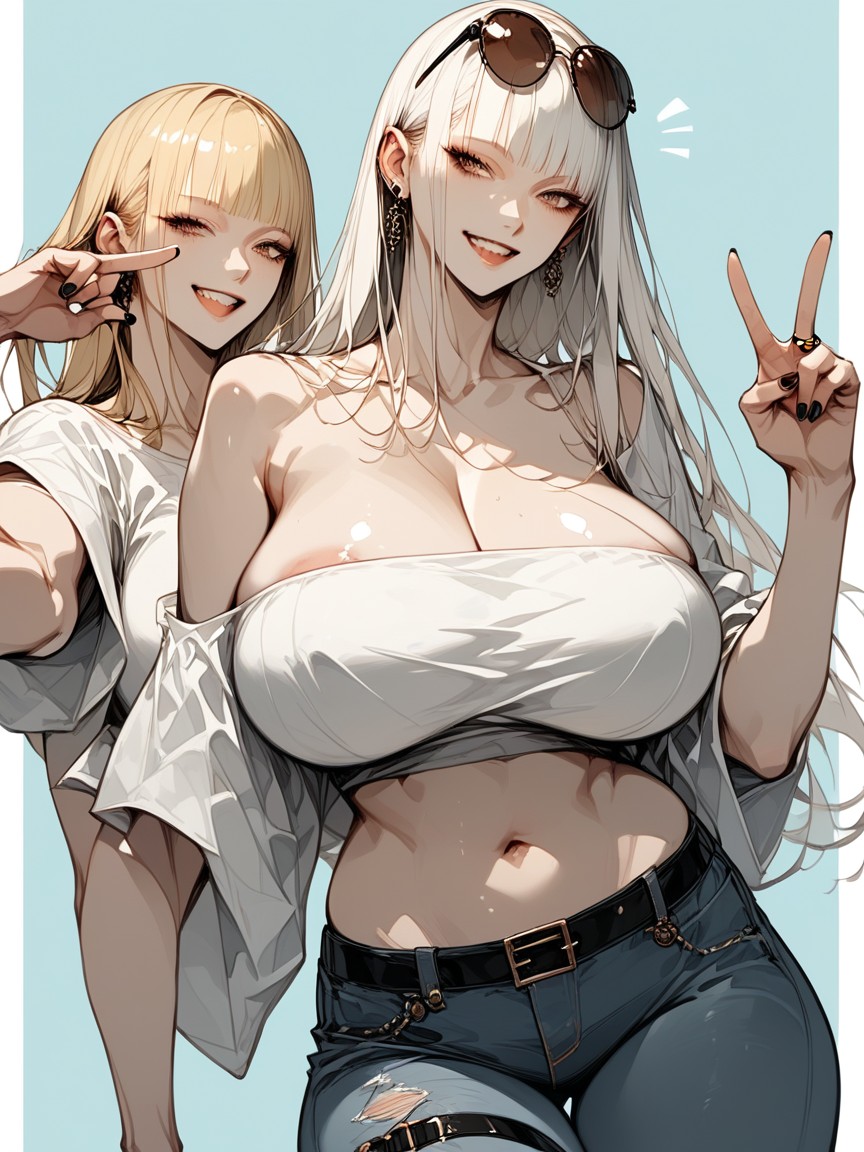 Simple Blue Background, Large Breast, One Hand Is Making A Peace Sign Hentai AI Porn