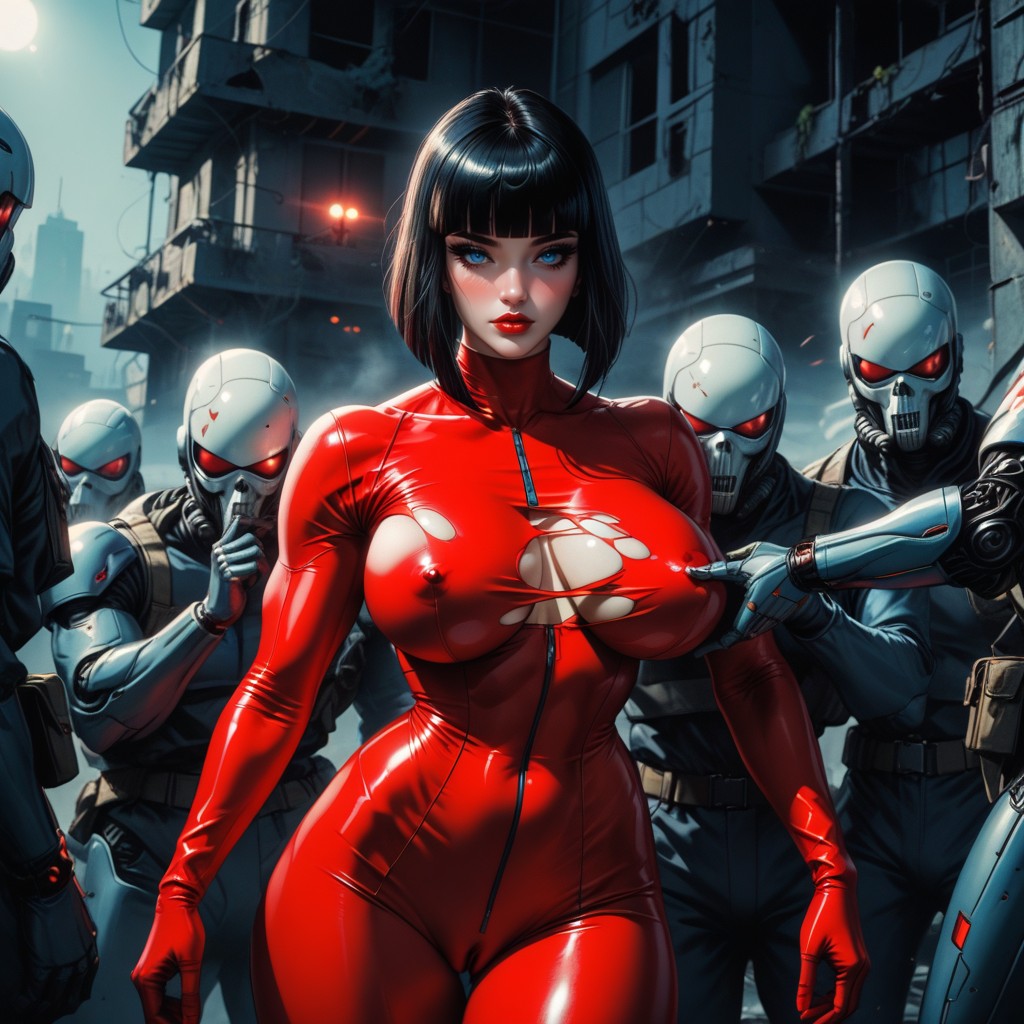 Zombies Grabbing Her Ass, Ripped Red Latex Bodysuit, Perfect Face AI Porn