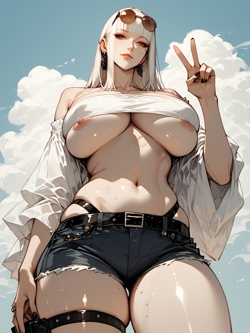 Dark Brown Eyes, Enjoying Look Expression, Blonde White Hair Woman Hentai IA